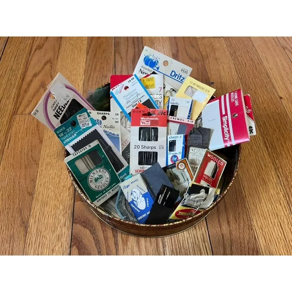 Vintage Sewing Needle Lot in Decorative Tin, Sewing Notions Craft Supply Lot